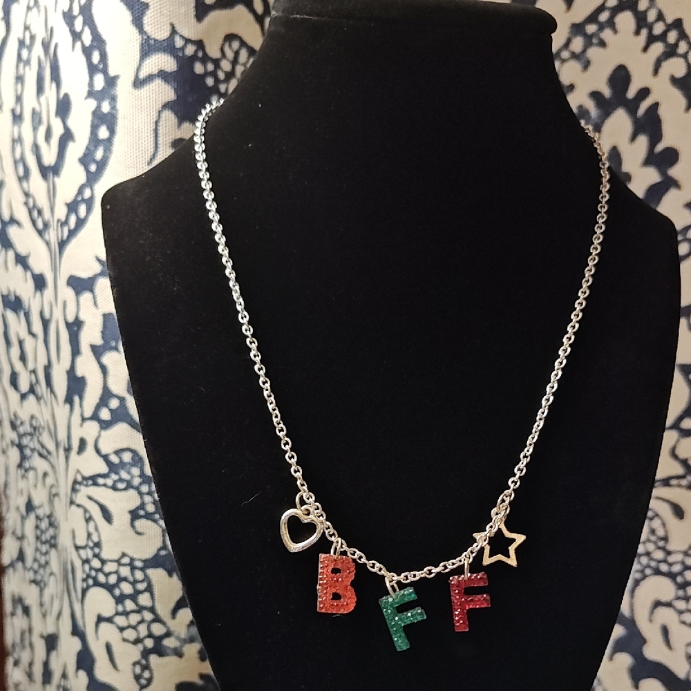 BFF Letter Necklace with Heart & Star Charms - Red & Green Glitter